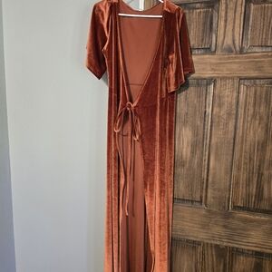 Baltic Born Brown Plunge Neck Flutter Sleeve Gown